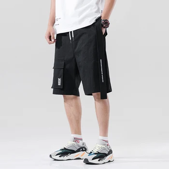 

Streetwear Summer Casual Shorts Men Fashion Ribbons Pocket Cargo Shorts Bermuda Knee Length Men Short Pants