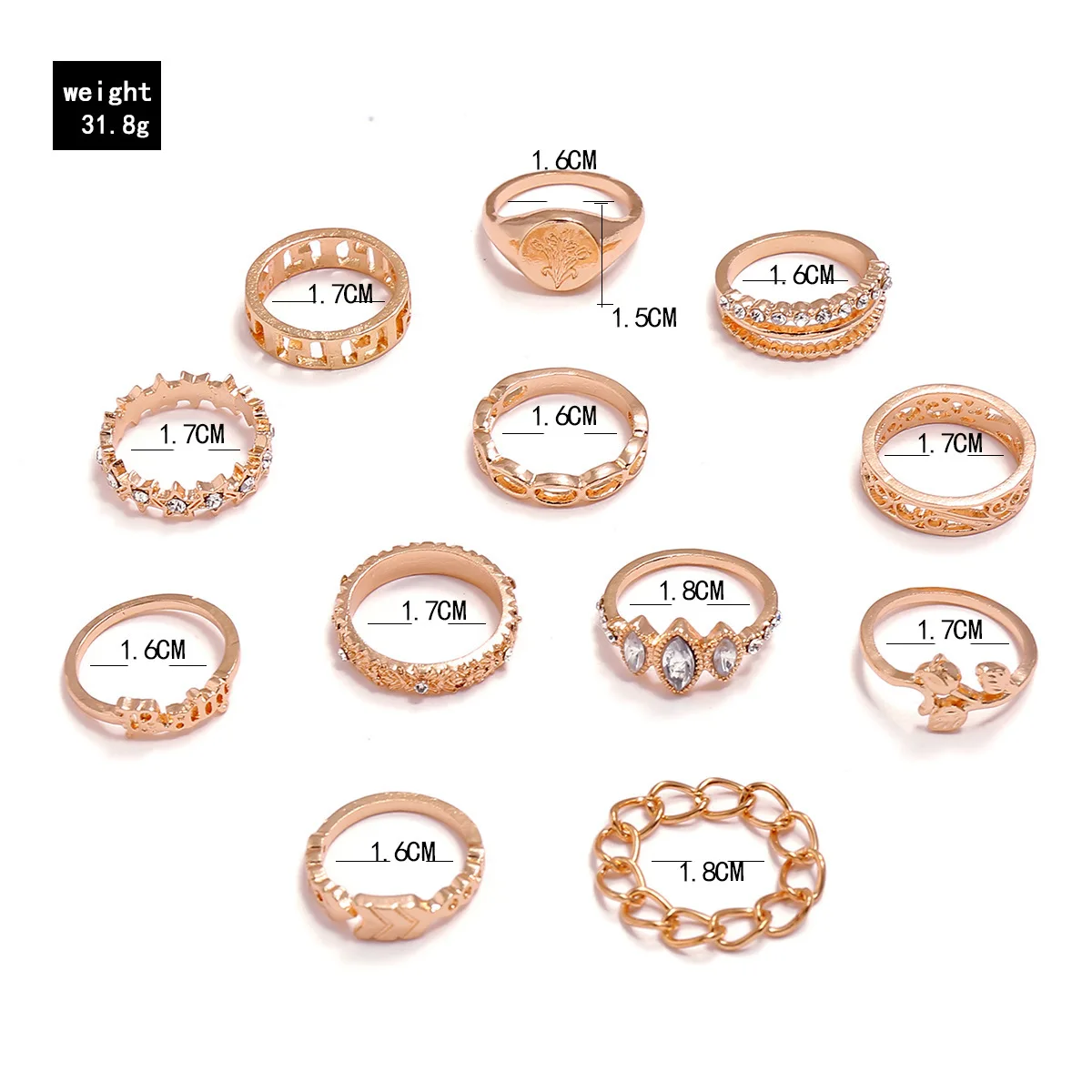Finger Ring Ring Set Chain Ring Bohemia Rose Flower Finger Rings Set for Women Crystal Geometric Knuckle Chain Ring Female Fashion Jewelry