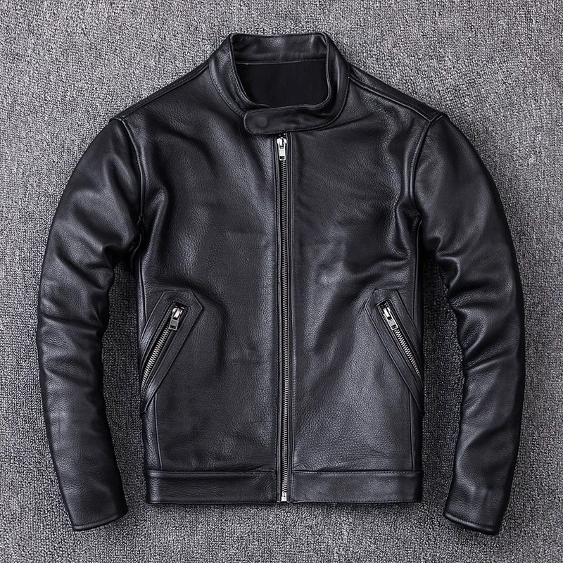 

Free Shipping Real 100% Cowhide Genuine Cow Motorcycle Biker Jackets Mens Slim Black Short Leather Jacket Coats Luxury
