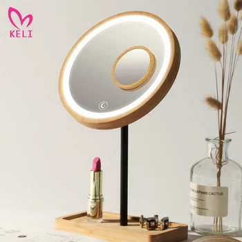

Wooden Desktop LED Makeup Mirror 3X Magnifying USB Charging Adjustable Bright Diffused Light Touch Screen Beauty Mirrors