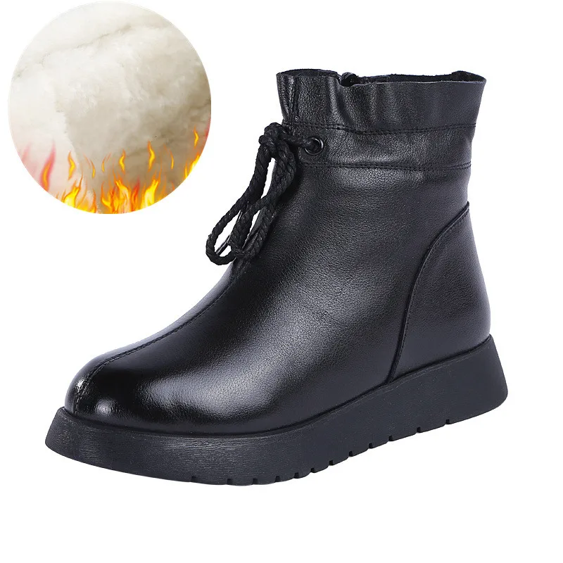 30℃ Wool Fur warm Cow Leather ankle boots women winter Genuine Leather botas Lace up plush Cotton snow Boot Slip On shoes