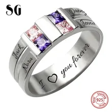 Authentic 925 Sterling Silver Personalized engraved 4 Name 4 birthstone finger Rings for Women custom wedding Jewelry