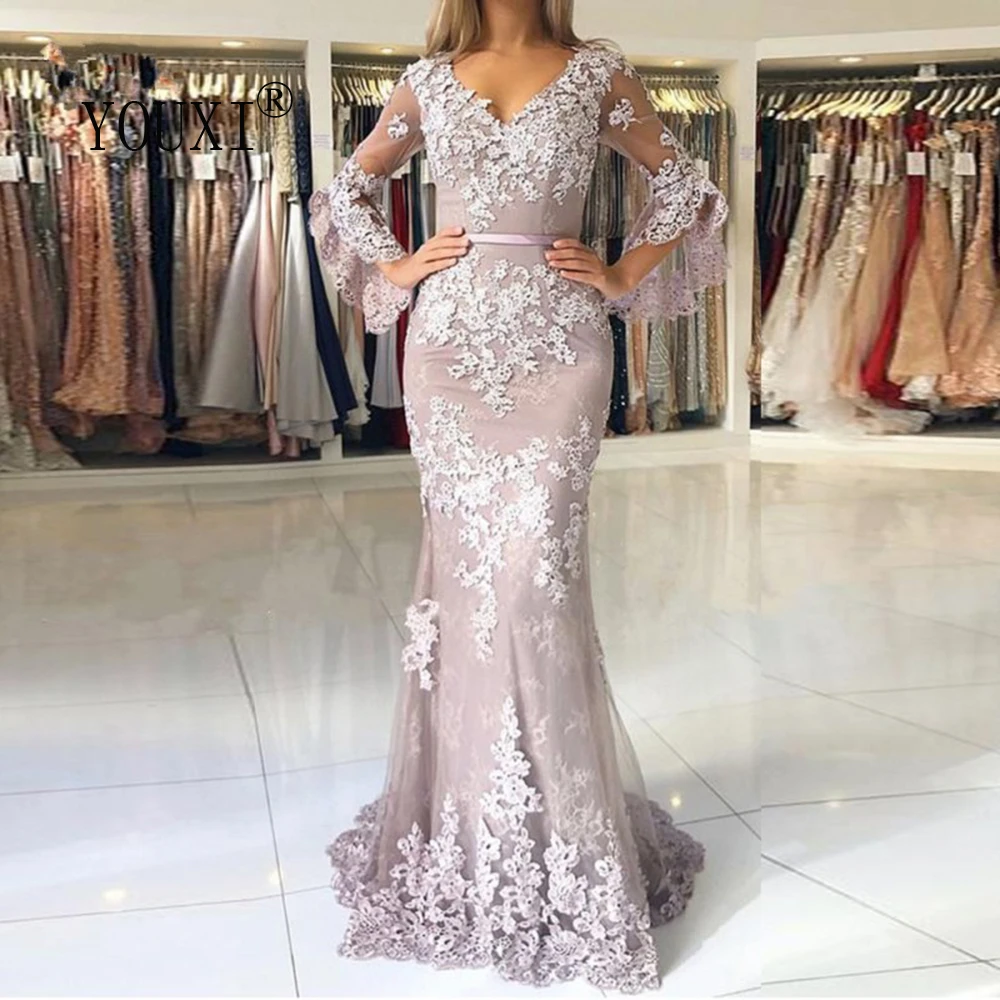 evening gowns with sleeves Gorgeous Mermaid Evening Dresses Long Sleeve Elegant V- Neck Lace Appliqued Beaded vestidos de fiesta de noche sexy ball gowns