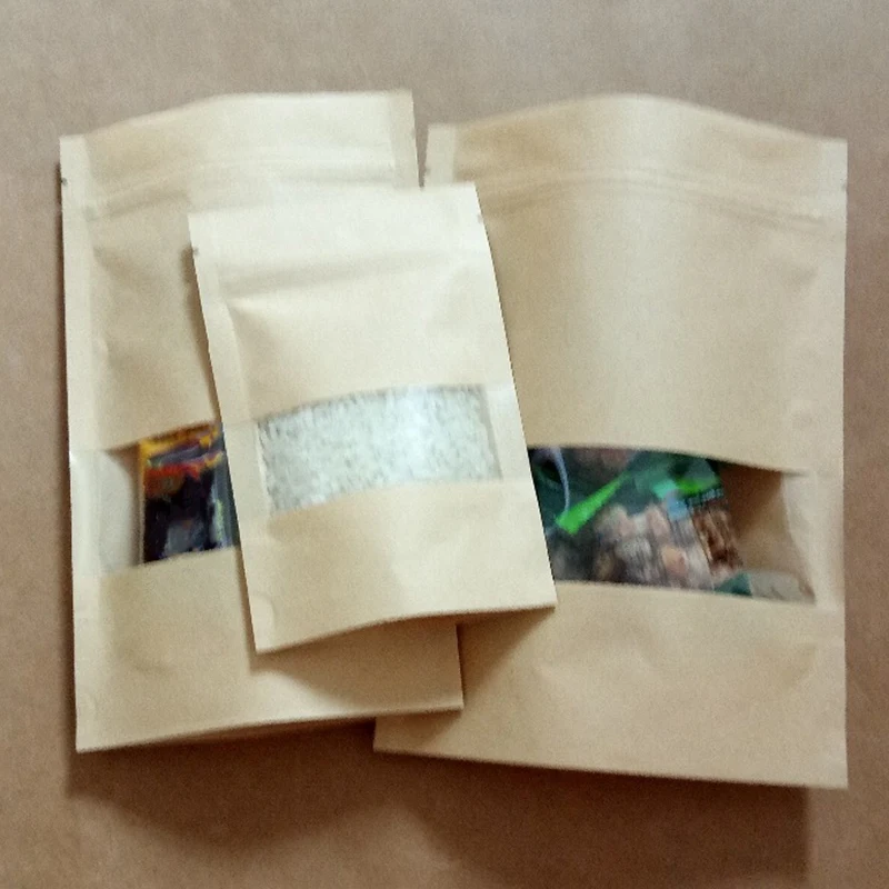 Hot Sale 100Pcs Zipper Kraft Paper Bag Kraft Paper Bag Gift Ziplock Bag with Window Stand Up Bag