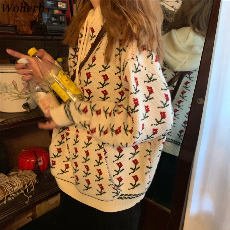 Woherb Корейский сладкий свитер с капюшоном Женская Вышивка Цветочный негабаритный свитер с длинным рукавом зимняя одежда Свободный пуловер Джемпер