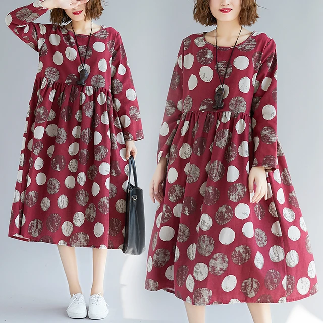 Cotton Linen Long Sleeve Autumn Dress Print Dot Loose Women Dress Plus Size Vintage Dress Female Spring Casual Midi Dress 2