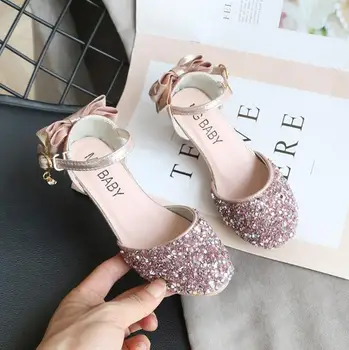 

Children Bow Sequins Sandals Shoes Kids Baby Girls Crystal Bling Butterfly High-heeled Latin Dance Princess Shoes Sandals