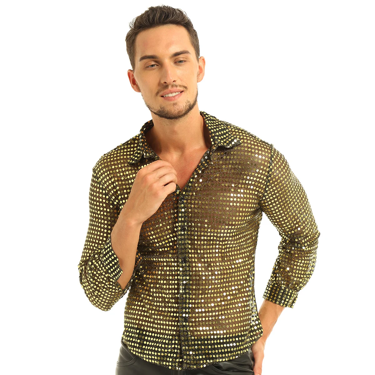 Mens Tuxedo Shirts Shiny Sequins See Through Mesh Long Sleeve Clubwear for Night Party Show Dancing Performance Top Shirt mens dress shirt