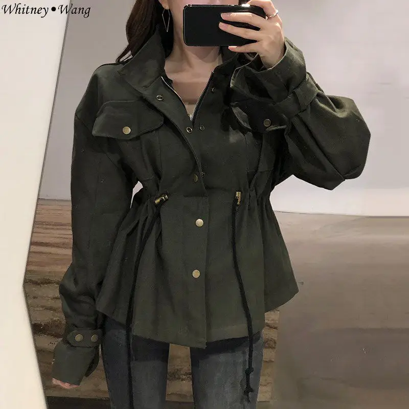 WHITNEY WANG Осенняя модная уличная куртка в Корейском стиле с завязками на талии Женская Повседневная ветровка верхняя одежда