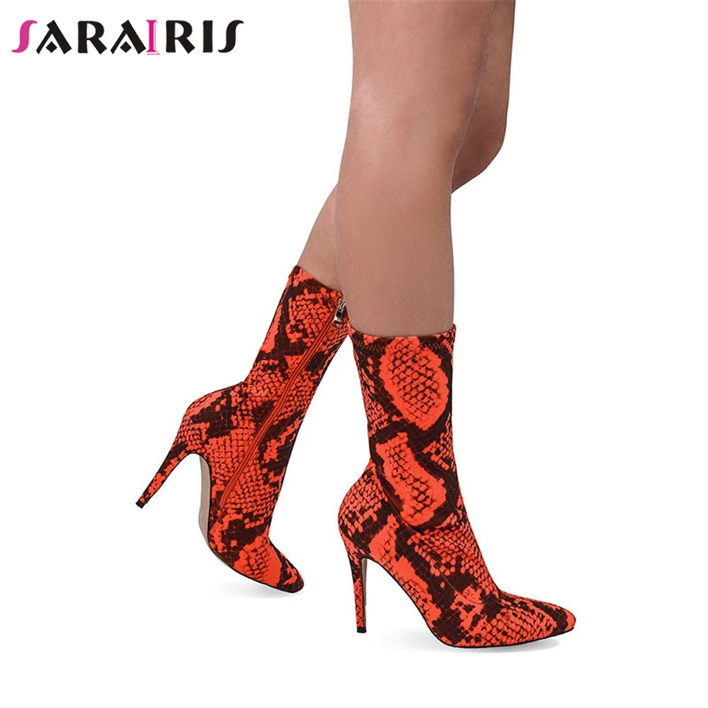 SARAIRIS Spring Autumn Fashion Printed Stretch Fabric Sock Boots Pointed Toe High Heels Woman Ankle Ladies Short | Обувь