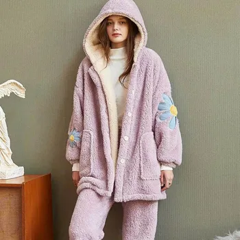 

Flannel Women Pajamas 2 Pieces Pajamas Set Winter Warm Thickening Home Clothes Female Cute Long Sleeve Women's Home Service Suit
