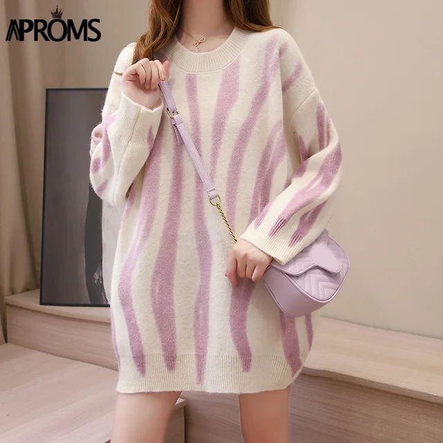 Aproms Elegant Green Striped Print Oversized Pullovers Women Winter O-Neck Loose Long Sweaters Streetwear Warm Outerwear 2021 Light Purple