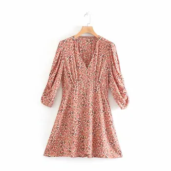 

women v neck floral print casual slim mini dress female pleated three quarter sleeve vestidos chic countrystyle dresses DS3480