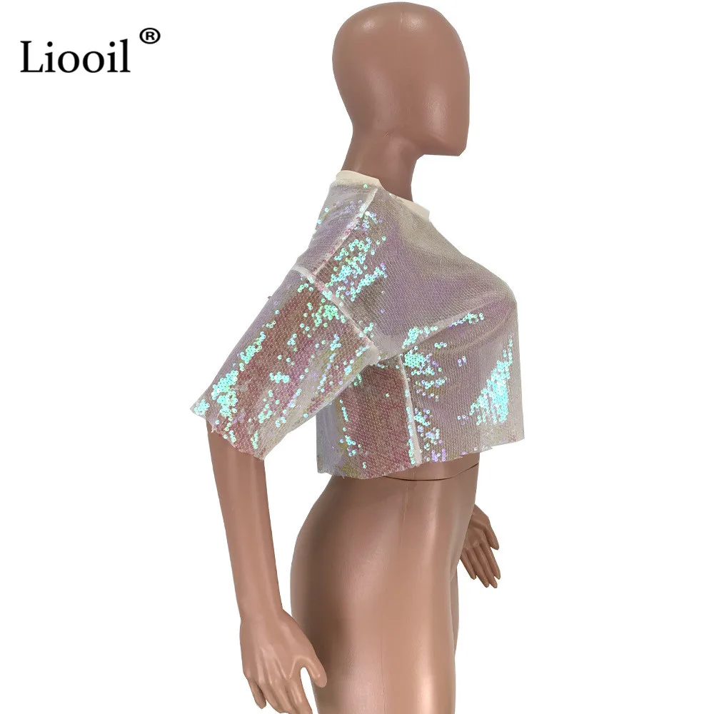 Liooil Однотонная футболка с блестками, женский сексуальный топ, короткий рукав, Круглый ворот, Свободный пуловер, женские футболки, Клубные Короткие топы