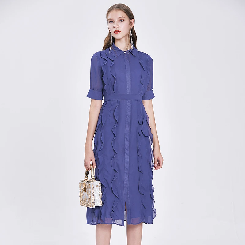 

2023 New Fashion Runway Summer Dress Women's Short Sleeve Ruffled Purple Chiffon Temperament Shirt Dress