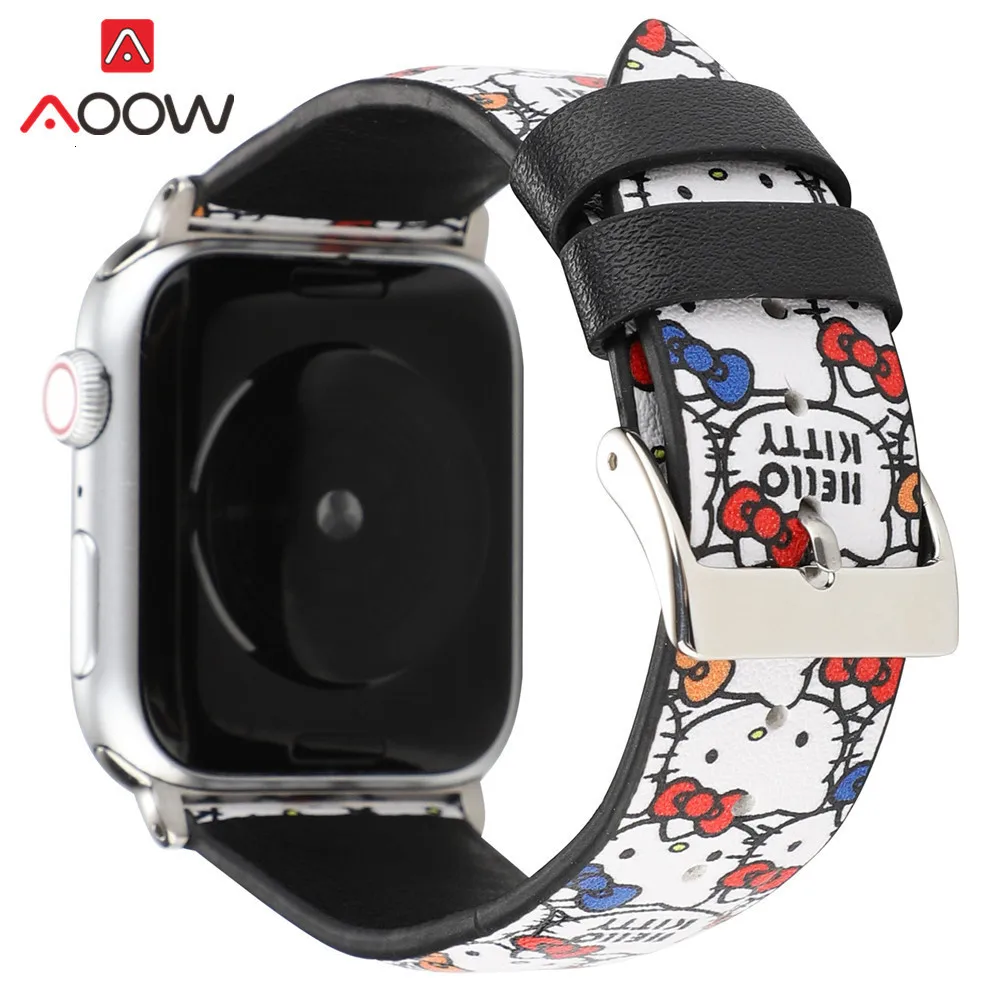 Кожаный ремешок с рисунком для часов Apple Watch 40 мм 44 мм 38 мм 42 мм Микки Маус Китти Браслет ремешок для iwatch 1 2 3 4