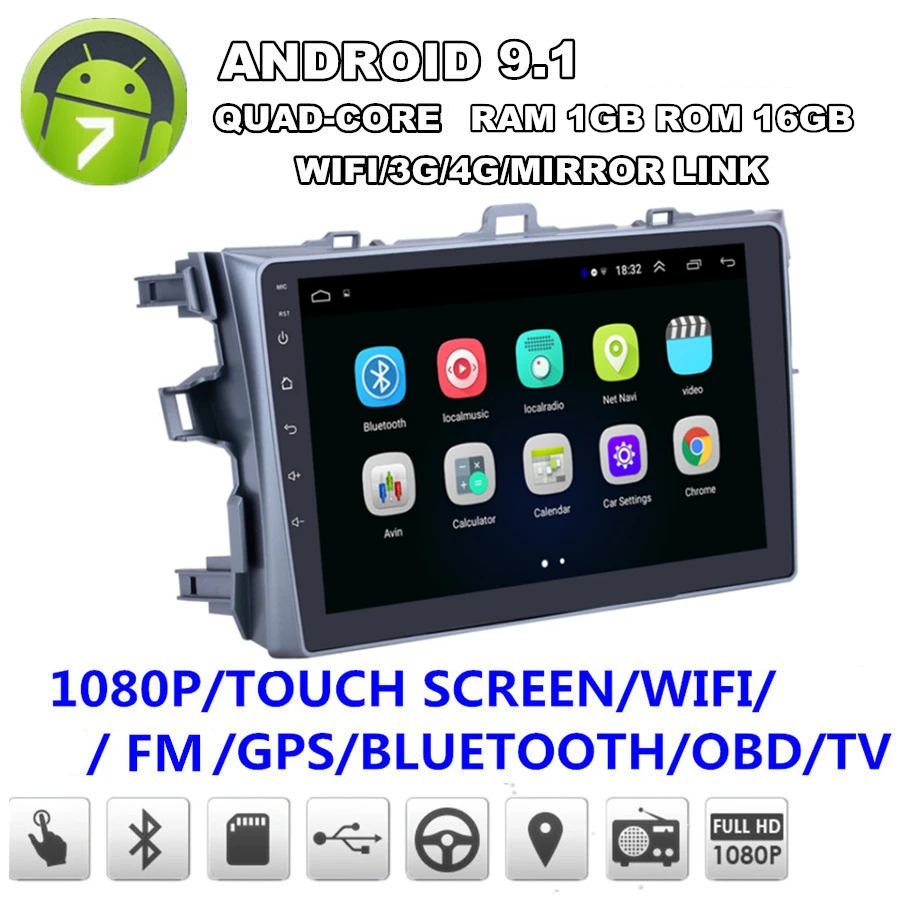  For Android 9.1 Quad-core RAM 1GB ROM 16GB 9'' Car Stereo Radio GPS WIFI BT DAB Mirror Link OBD For