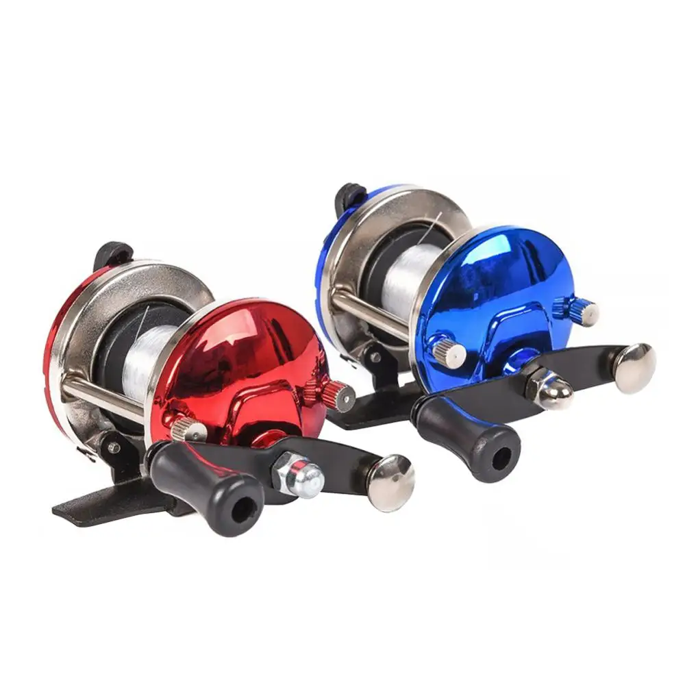 

mini Ice Fishing Reel Metal Bait Casting Spinning Boat Fish Water Wheel Baitcast Roller Coil with 50M Line Blue Red