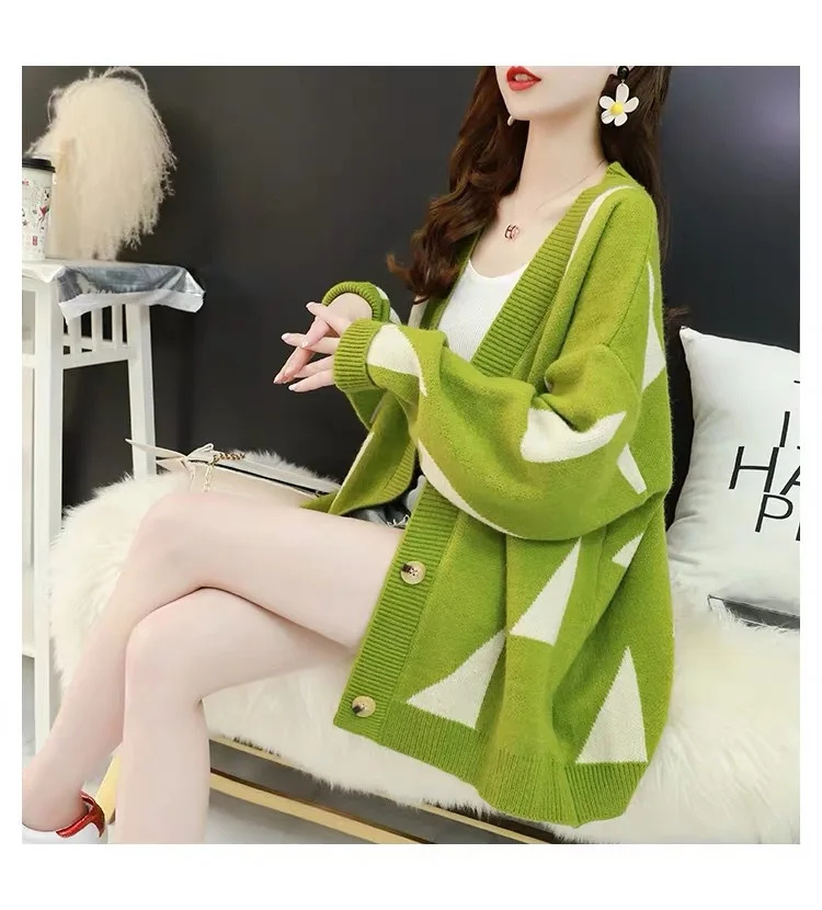 

Lazy Wind Sweater Cardigan Ladies Loose Autumn and Winter New Korean Version Of the Net Red Avocado Green Sweater Jacket