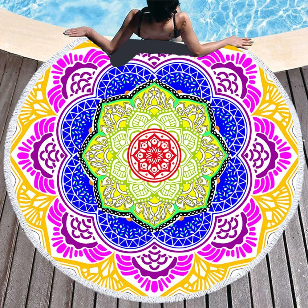 Chakra Round Bath Beach Towel Tassel Blanket Toalla Mandala Tapestry Sunblock Cover-Up Picnic Bath Towel Lotus Bohemian Yoga Mat