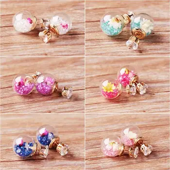 

Fashion glass ball broken dried flower earrings personality Transparent sphere double-sided ball earrings simple female gifts