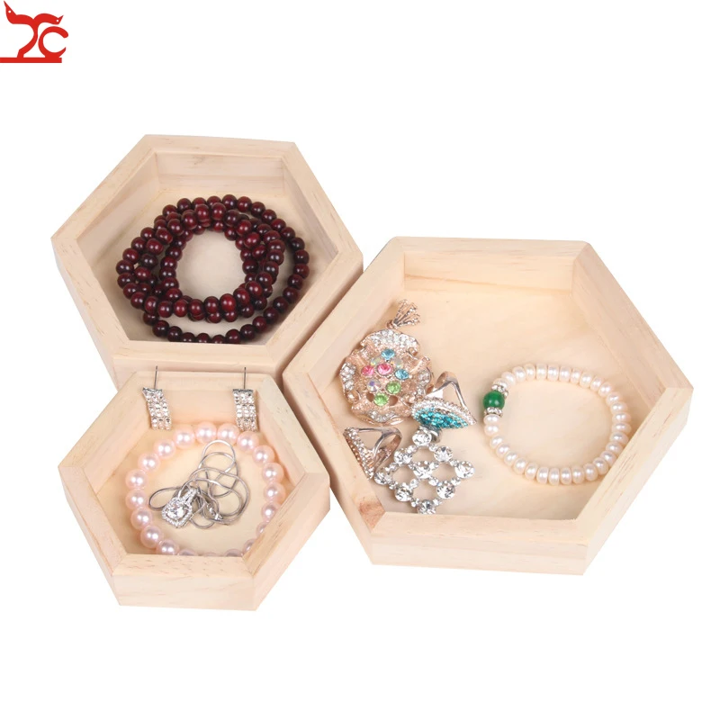 3pcs/1pc Wood Jewelry Storage Boxes Bracelet Necklace Display Tray Plate Hexagon Wooden Cases Organizer Dishes Tray