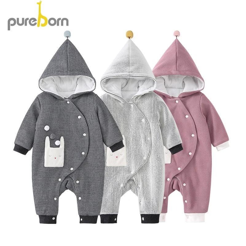 Pureborn детский наряд с капюшоном для мальчиков и девочек; комбинезоны для новорожденных; цельная утепленная одежда с длинными рукавами; сезон зима-весна; костюм для младенцев