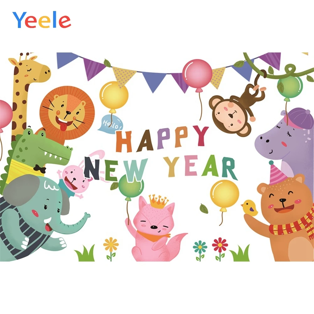 

Yeele Cartoon Animal Happy New Year Balloon Wallpaper Photography Backdrop Personalized Photographic Background For Photo Studio