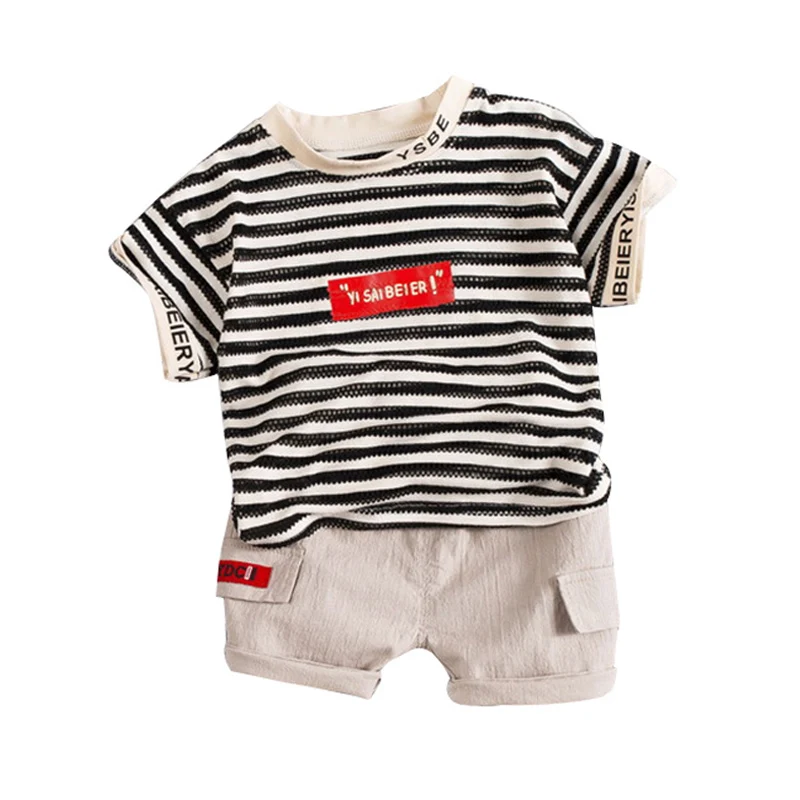

Children Boys Short Sleeve Sets Summer Striped Letter Print Tops Blouse T-shirt+Shorts Casual Outfits Sets