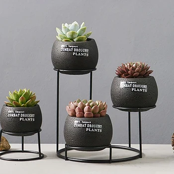

European Style Desktop Succulent Plant Flowerpot And Flower Stand Set Round Cement Pot With Simple Iron Rack Home Decoration