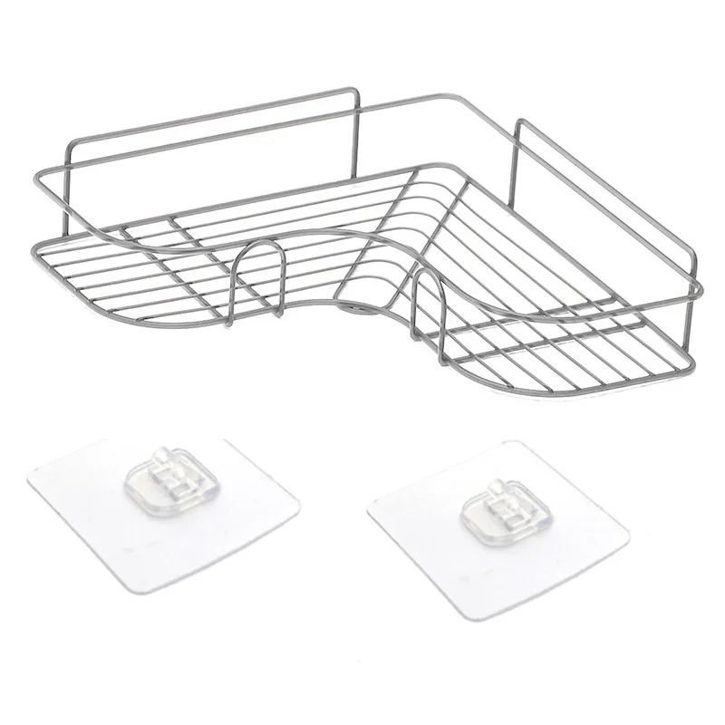 Угловой каркас для ванной комнаты, установка для ванной, железный кухонный стеллаж, угловой штатив с 2 прозрачный крючок - Цвет: Светло-серый
