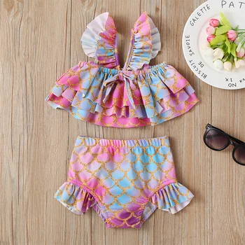 

Children Swimming Suit Swimsuit Swimwear Girls Kids Summer Bikini Sets Kids Little Mermaid Fashion Halter Bathing Suit 1-5Y