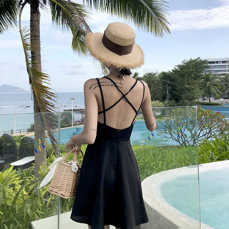 

Backless Strapped Dress Beach Skirt Seaside Dress Slimming Women's Summer Thailand Holiday Base Black