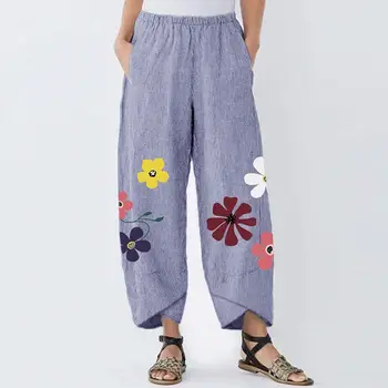 

Women Irregular Hem Flowers Printed Pants 2020 Vintage Ladies Long Trousers Plus Size Female Cotton Stripe Pockets Pantalones