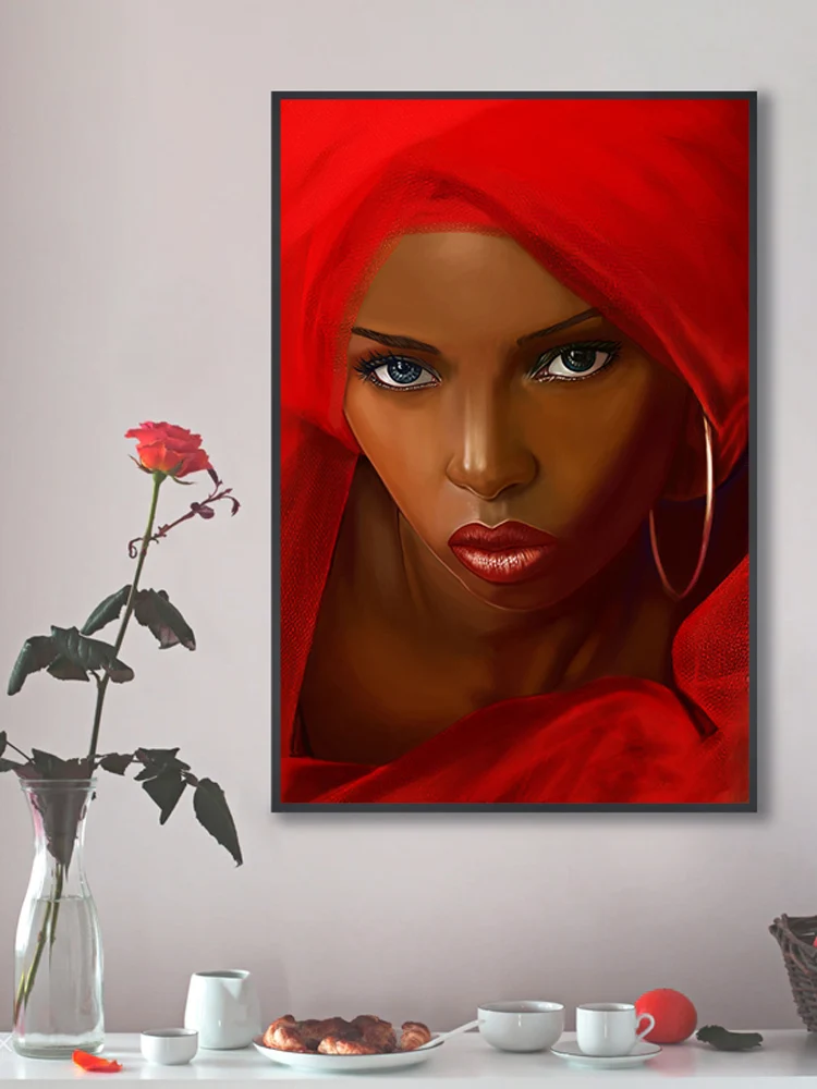African Black Woman With Red Dress Oil Painting on Canvas Cuadros Posters and Prints Scandinavian Wall Art Picture Home Decor