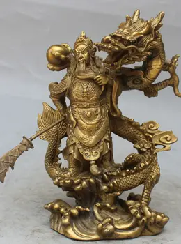 

10“ Exquisite Fengshui brass Guan Gong Yu Warrior God Sword Stand Dragon Statue