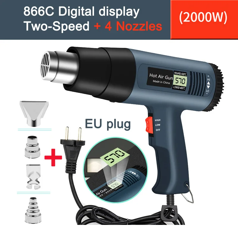 Pistola de aire caliente de 220V, 2000W, calentador eléctrico, temperatura Variable ajustable, herramientas eléctricas avanzadas con 4 boquillas