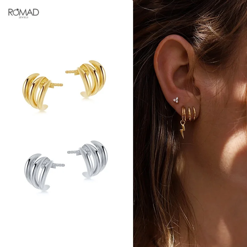 

ROMAD Luxury Three Claw Torsion Bar Stud Earrings Fashion Glossy 925 Sterling Silver Earrings For Women Fine Jewelry kolczyki