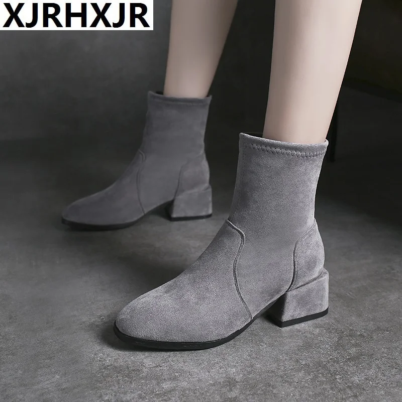 

British Style Autumn Ankle Boots Women Solid Flock Botas Female Square Heel Slip On Botas Classic Shoes Ladies Black Grey Boot
