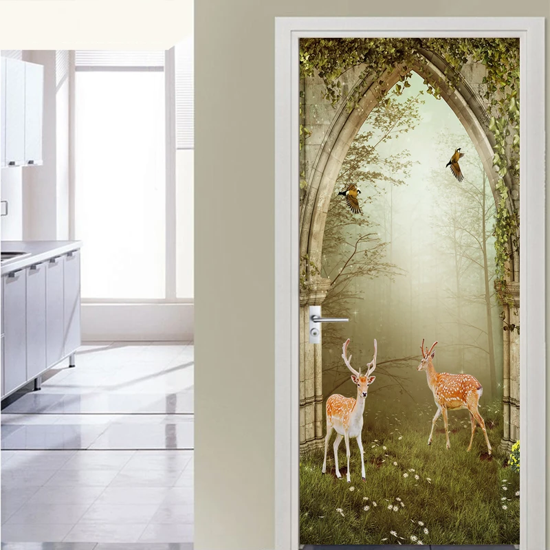 

Nature Forest Landscape Deer Painting Door Sticker Entrance Bedroom Waterproof PVC Self-adhesive Poster Mural 3D Wall Decoration