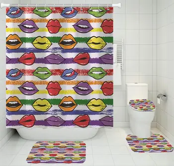

Lip shower curtain kit shower curtain toilet mat U-shaped mat bathroom shower waterproof kit non-slip floor mat