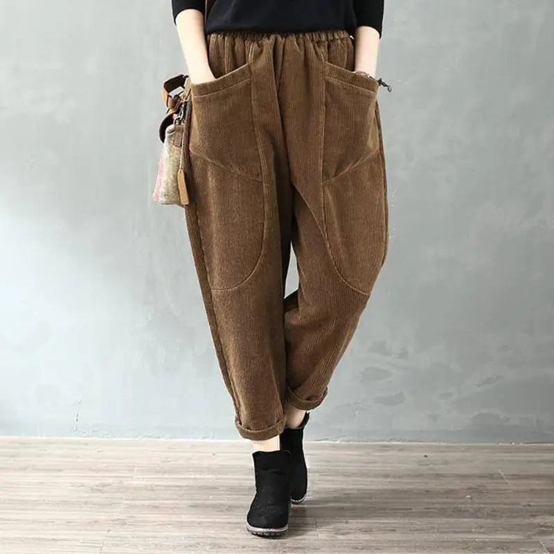 

Women Vintage Loose Haren Pants Corduroy Solid Color Large Pocket Autumn Winter Casual Fashion Turned Edge Trousers Streetwear