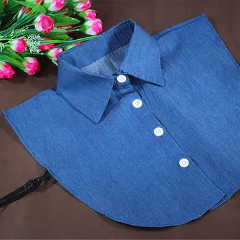 

Women Solid Color Button Down Denim Shirt False Collar Detachable Fake Necklace LX9E