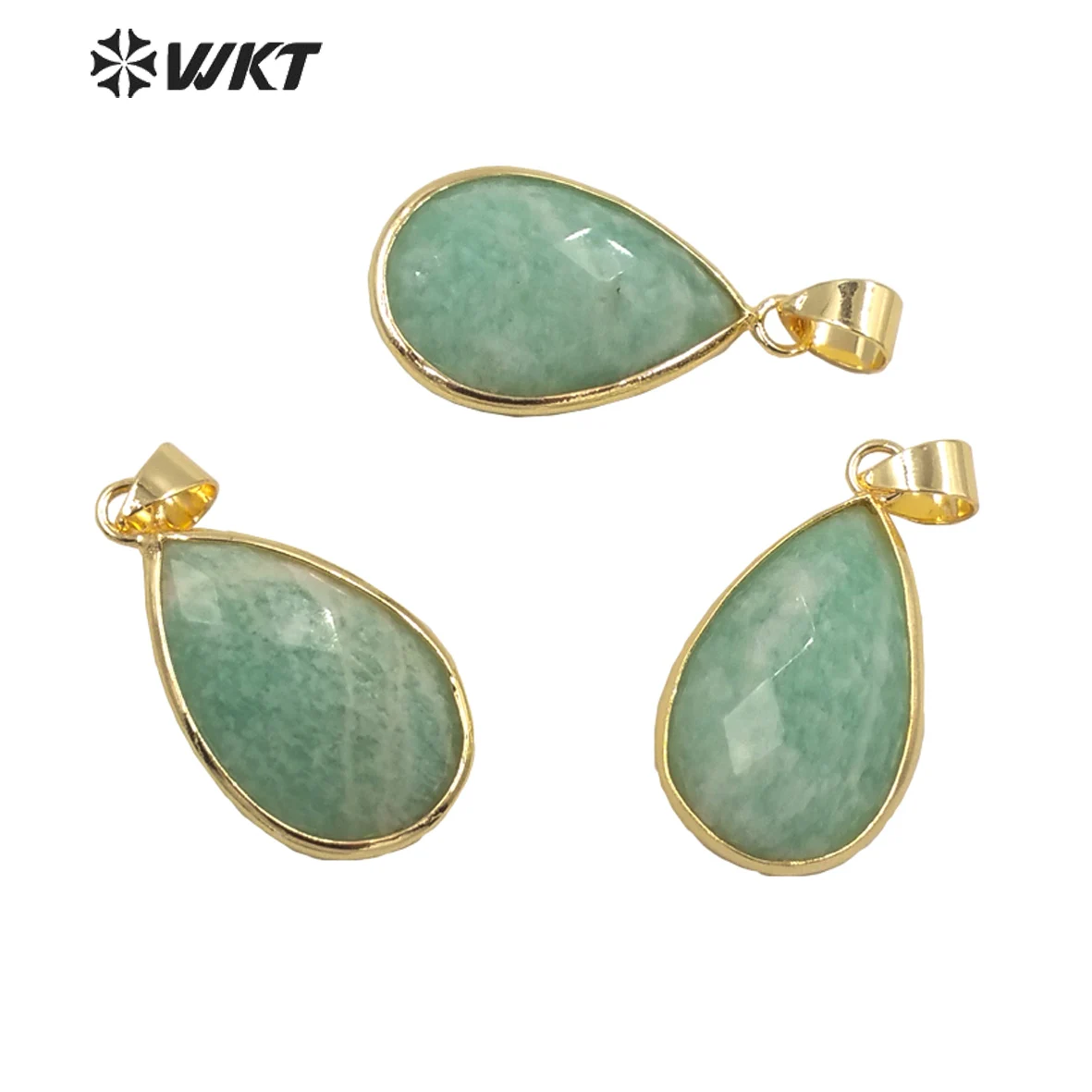 

WT-P1640 Wholesale Natural Stone Pendant With Gold Eletroplated Water Shape Glossy Green Stone Jewelry Pendant For Neckkace