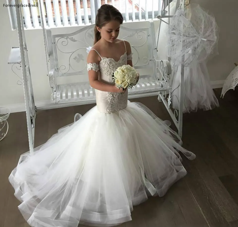 2017 Lovely Mermaid Tulle Flower Girl Dresses Spagetti Strap Lace Button Back Kids Pageant Dresses Robe fille fleur  107 (2)