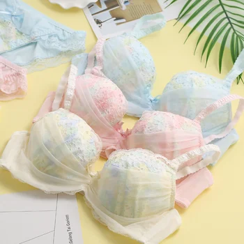 

New Japanese sweet lace shoulder strap Loli wind bra embroidery bow girl ladies goddess bra set AA013