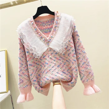 

2020 Spring Female Sweater V-neck Shell Sequins Panel Mesh Lace Ruffle Flare Sleeve Sweater Womens Sweaters Sweter Jumper Pull