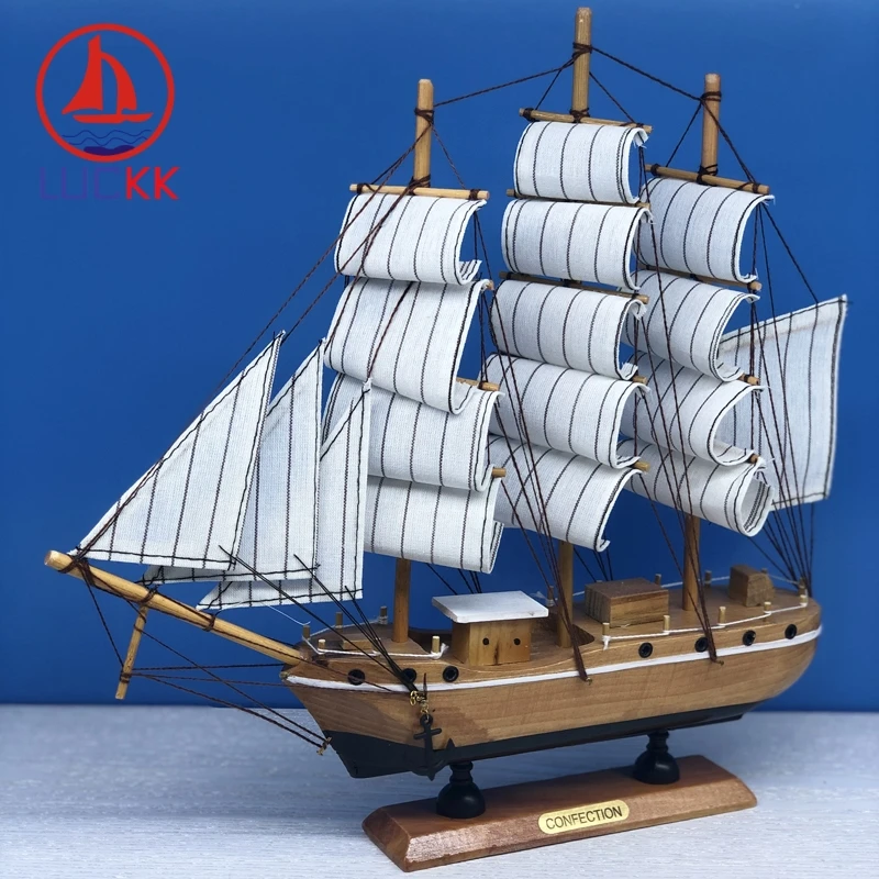 

LUCKK 33CM Handmade Vintage Sailboat Model Miniature Wood Crafts Desktop Figurine Decor Marine Furnishing Ship Retro Souvenirs