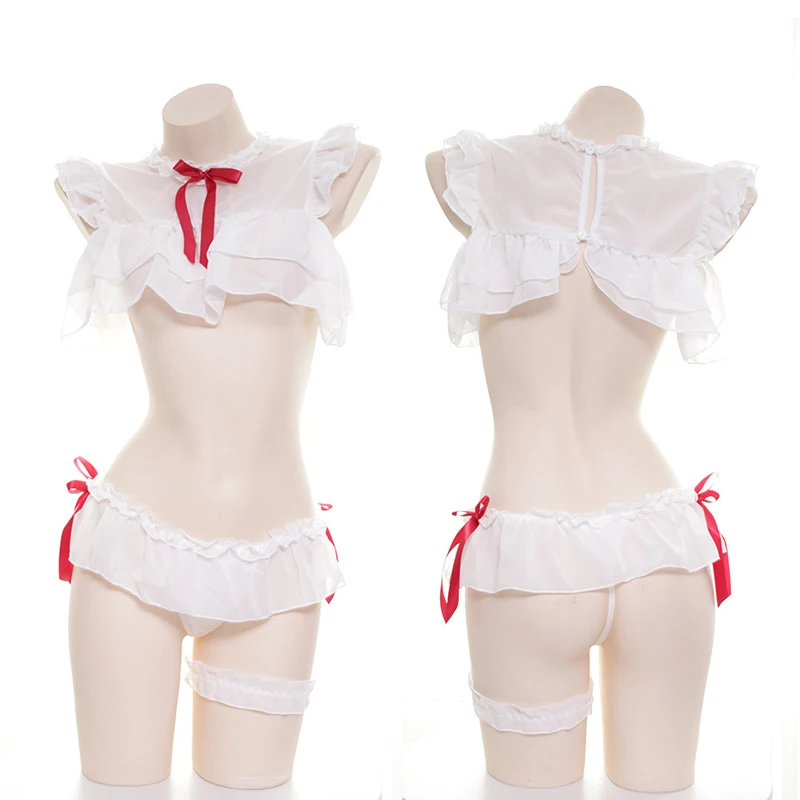 Японская шифоновая белая ночная рубашка в стиле Лолиты, пижамы для косплея, сексуальное полупрозрачное нижнее белье с бантом для девочек, комплект лифчиков, аниме, нижнее белье