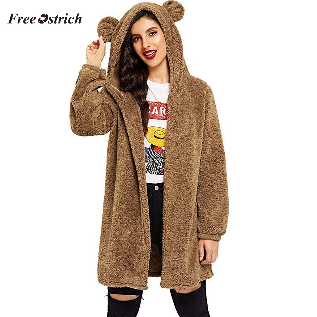 

Free Ostrich Bomber Cardigan Coat Women jackets coats Hoodies with Bear Ear Long Sleeve Teddy Hooded Fleece cardigan feminino 8